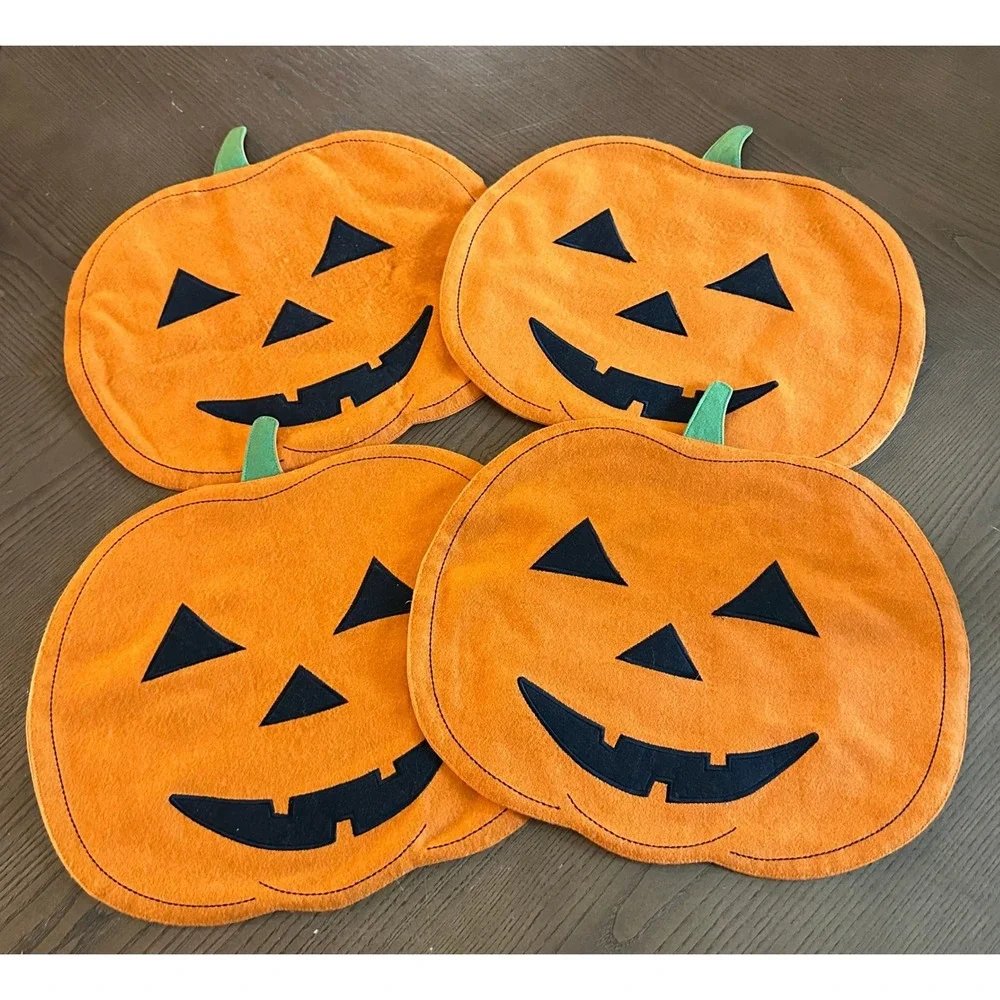 Halloween Pumpkin Placemats Set of 4 Jack-O-Lantern Orange Fall Table Decor